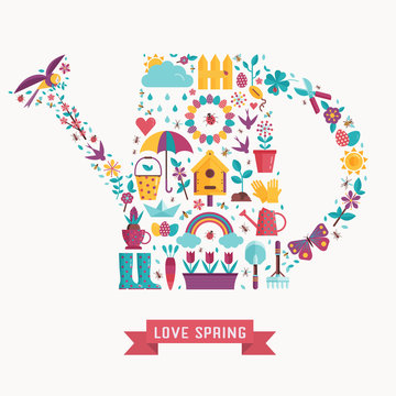 Love spring card with traditional garden and seedling symbols stylized in watering can shape. Springtime and gardening decorative elements for print and greeting postcards.