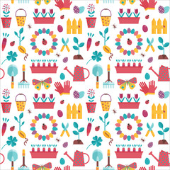 Spring seedling and planting pattern with plant growing icons. Home gardening seamless background with lanscaping elements and equipment. Springtime backdrop for wrapping paper or print.