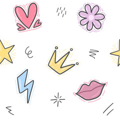 Hand-drawn doodle seamless pattern with hearts, stars, crowns, lips and lightnings. Funny girlish print for girls clothes, t-shirts, linen, textile and notebooks. Vector eps 10