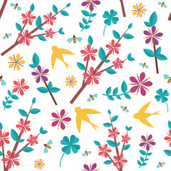 Spring pattern with icons. Springtime seamless background for wrapping paper or print.