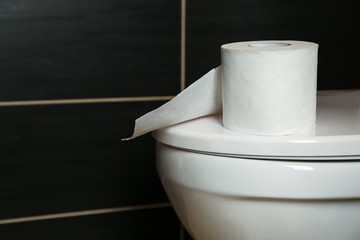 Roll of paper on toilet bowl cover in restroom