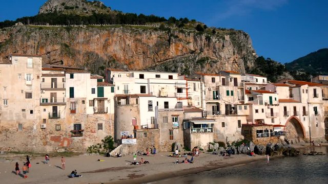 Beautiful cityscape of Cefalu old italian town and Mediterranean Sea Sicily, Italy