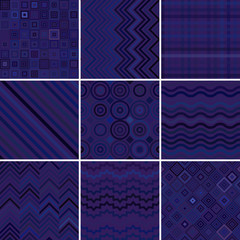 Set with nine seamless abstract geometric pattern, vector illustration. Dark blue color.