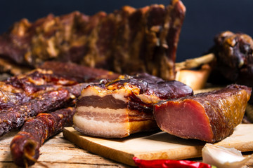 Homemade bacon and smoked pork meat