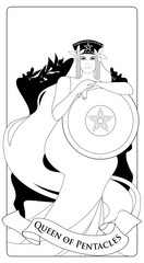 Outlines Queen of Pentacles with crown and long hair holding golden shield with the symbol of the pentacle in the center. Queen of Gold. Minor arcana Tarot cards. Spanish playing cards coloring.