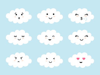 Set of cloud shaped emoji with different mood. Kawaii cute clouds emoticons and Japanese anime emoji faces expressions. Vector cartoon style comic icons set.