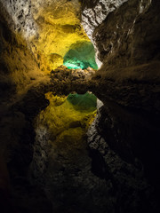 Interior of the Cueva de los Verdes in Lanzarote. Interior lighting of the cave.