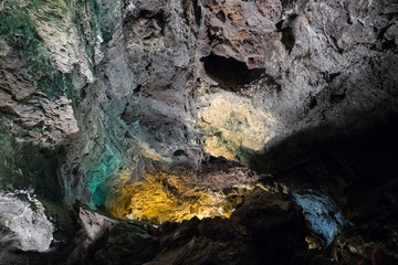 Fototapeta na wymiar Interior of the Cueva de los Verdes in Lanzarote. Interior lighting of the cave.
