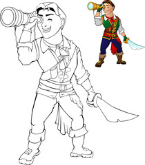 Coloring cartoon pirate with a telescope and a saber. Coloring book for kids.