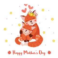 Happy mothers day card with cute foxes.