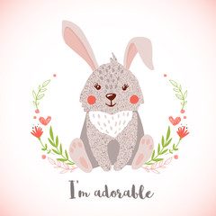 Greeting card with cute bunny in hand drawn style.