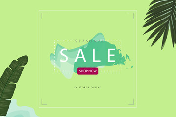 SALE Landing Page Web Banner Minimal Style With Pastel Color and Tropical Leaves Vector Template