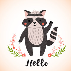 Greeting card with cute raccoon in hand drawn style.