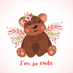 Cute hand drawn bear girl isolated on white.