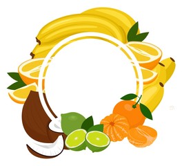Fruits tropical background frame. Assorted fruits arranged in a circle on the white background, copy space for text in the middle. Vector illustration