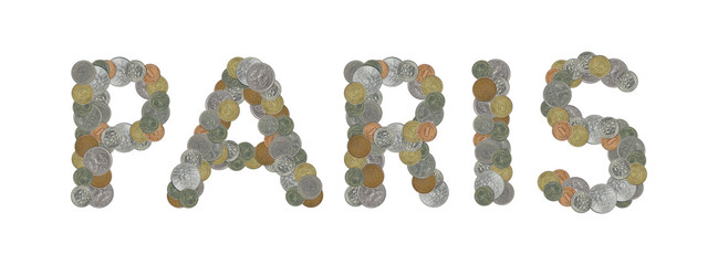 PARIS  word with old coins on white background