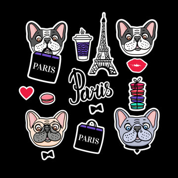 French Bulldog set. Eiffel Tower and cute dog faces. Vector hand drawn Sticker.