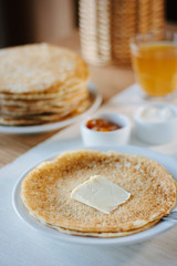 Russian pancakes - vegetarian dish at national restaurant.