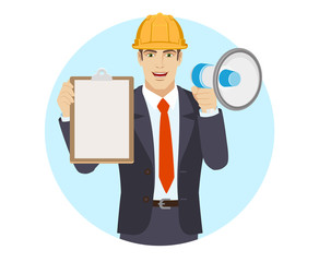 Businessman in construction helmet with loudspeaker holding the clipboard