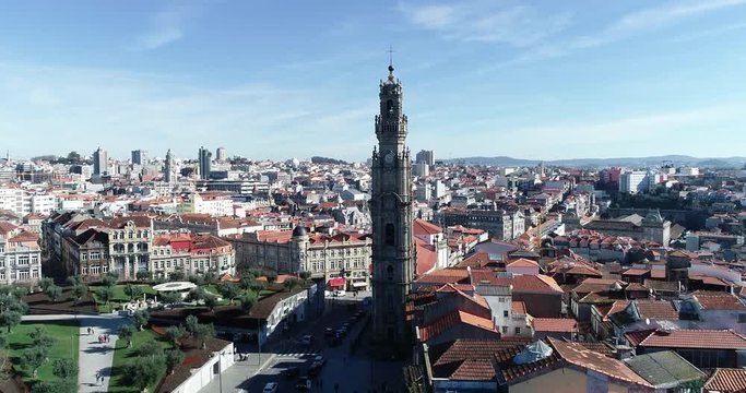 Aerial shot of Porto city, surrounding Cl&eacute;rigos Tower.