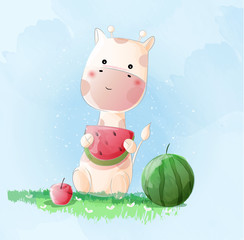 Naklejka premium Cute giraffe watercolor style