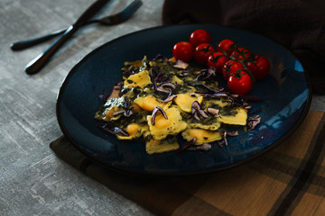 Salmon Ravioli Fondue Of Spinach With Cream