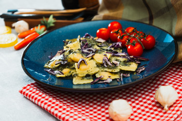 Salmon Ravioli Fondue Of Spinach With Cream