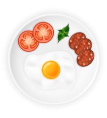fried roast egg and sausages on a plate with vegetables stock vector illustration