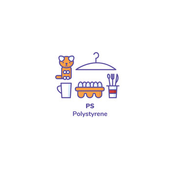 Vector illustration. Set of plastics with recycling mark and product examples. Icons line style of synthetic toy, dishes, kitchenware, hanger, food containers. Text "PS. Polystyrene".