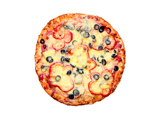 Homemade cheese pizza with mushrooms, red pepper and olives isolated on white background, top view
