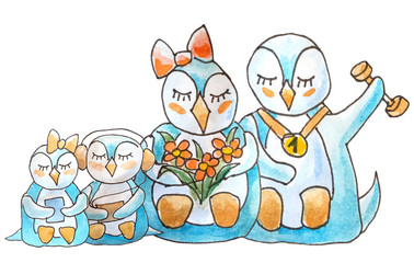 Family of penguins on white background