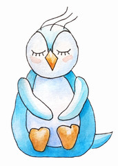 Blue penguin on white background sleeps and dreams with beautiful eyelashes 