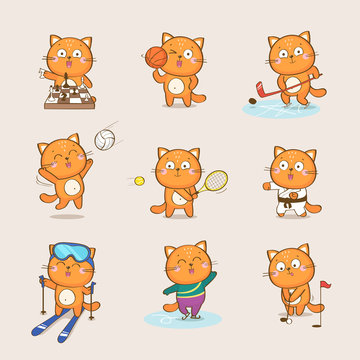 Set of cute cartoon cat character representing different sports: chess, basketball, hockey, volleyball, tennis, karate, skiing, figure skating, golf. Sport and health vector collection