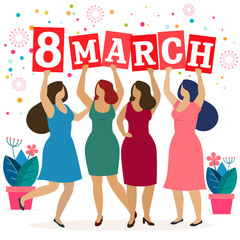 Women celebrate 8 march, give presents and have fun. Happy women's day. Vector