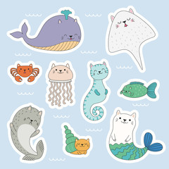 Set of kawaii stickers of sea animals with cat ears, mermaid, jellyfish, crab, seahorse, ray, whale, seal. Isolated objects. Hand drawn vector illustration. Line drawing. Design concept kids print.
