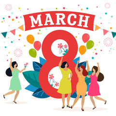 Women celebrate 8 march, give presents and have fun. Happy women's day. Vector