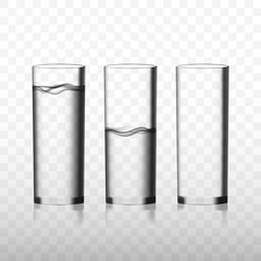 Two transparent vector glasses of pure water and one empty glass
