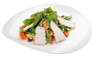 Diet salad with boiled chicken and vegetables. On white background
