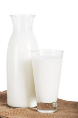 A bottle of milk and a glass of milk isolated on a white background