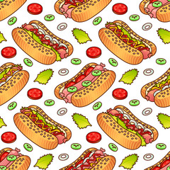 Food seamless vector pattern with Hot Dog for girls, boys, clothes. Creative background. Funny wallpaper for textile and fabric. Fashion style