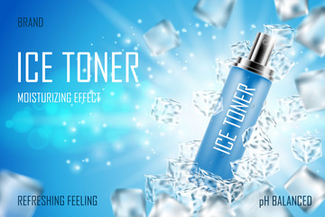 Cooling Ice toner with ice cubes. Realistic frozen refreshing spray bottle packaging ad. Skin care face toner product design. 3d vector illustration