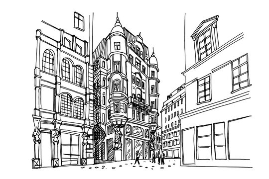 vector sketch of architecture in Graben street in Vienna, Austria.