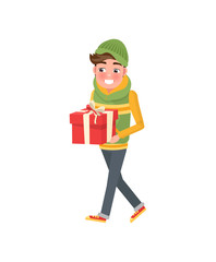 Boy with packed present, in hat and scarf, vector isolated on white. Christmas time celebration, person with gift box, wrapped package with bow