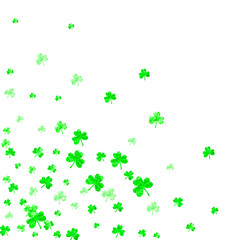 St patricks day background with shamrock. Lucky trefoil confetti. Glitter frame of clover leaves. Template for voucher, special business ad, banner. Decorative st patricks day backdrop.