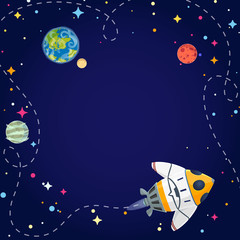 Frame with spaceship, planets, and stars in open space. Vector illustration cartoon style