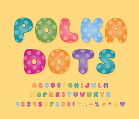 Multicolor Alphabet with Polka dots pattern. Vector letters, numbers and punctuation marks