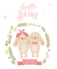 Vector poster with cute rabbits in flower wreath and spring slogan