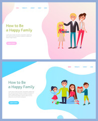 Couple man and woman with children exchanging gifts vector. Website father and mother praising daughter for good present on holiday, parents and kids. Webpage template landing page in flat