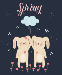 Vector poster with cute rabbits with a cloud and spring slogan