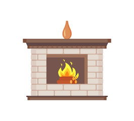 Fireplace with vase standing on top isolated icon vector. Flames wooden logs burning, heating system of houses. Interior design of homes bricks decor